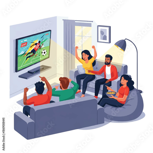 Family watching soccer match together on television in living room