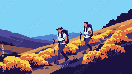 Two hikers with backpacks trekking through a vibrant landscape with yellow foliage.