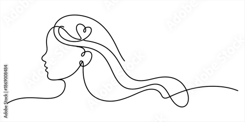 Minimalist continuous line drawing of a woman with long hair and a heart shape Vector, illustration