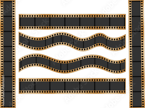 Set of vintage film strip vectors with straight and wavy cinematic frames isolated on white for movie production design