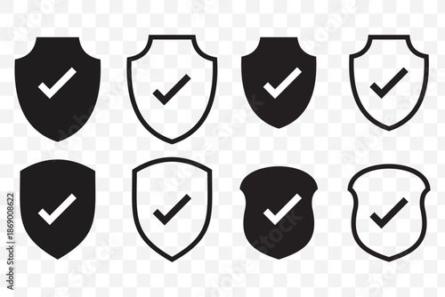 Shield check icon set. Outline symbol editable.