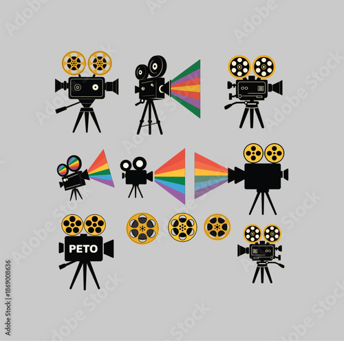Vintage retro cinema projector and movie camera collection with colorful light beams for creative cinematography and entertainment industry design