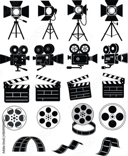 Professional cinema production icons set featuring movie cameras film strips clapperboards and spotlights for creative entertainment industry design projects