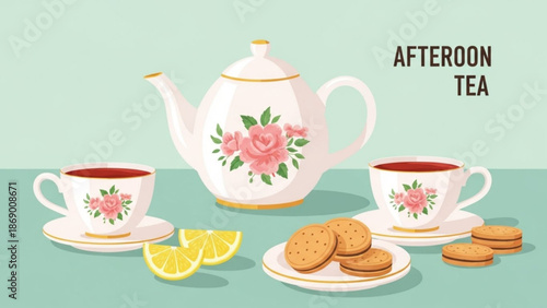 Delicate floral tea set with pink roses and golden accents on a soft green background with cookies and lemons for a charming with teacups