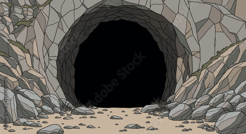Vector illustration of a dark mysterious stone cave entrance with rocky surroundings and pebble ground for adventure games.