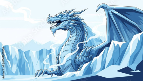 A large blue dragon sitting on a pile of ice with its mouth open and wings spread in a snowy landscape with icebergs with mythical with cold