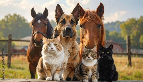 A diverse group of animals, including horses, a dog, and cats, pose together outdoors in a sunny setting