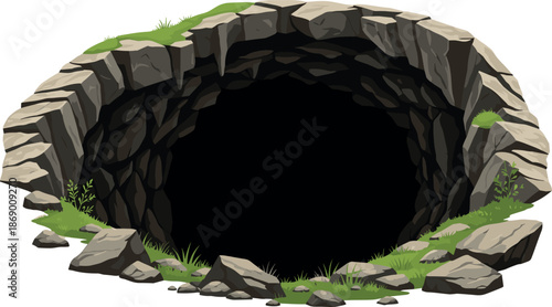 Vector illustration of a dark rocky cave opening with textured stone walls and green grass isolated on white background.