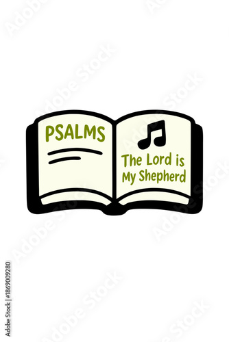 An open book with the word Psalms on its pages. A musical note is present to express some harmony and peace