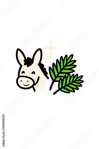 Cartoon of a donkey and palm leaves with a cross above them, simple design suitable for a variety of religious contexts