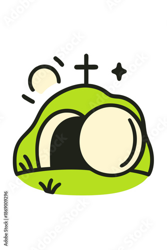 An illustration of a tomb and cross, symbolizing hope and rebirth. This graphic conveys themes of spirituality and faith