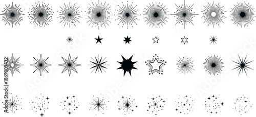 Starburst and star icon set, black vector shapes, decorative celestial symbols, symmetrical graphic motif, minimal white background, festive design elements