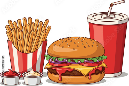 Vector illustration of a fast food combo with a cheeseburger, french fries in a striped carton, a red soda cup, and dipping sauces.