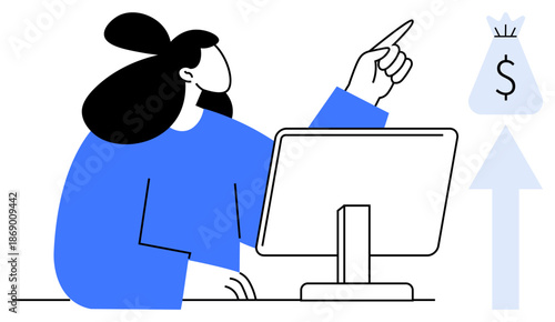 Woman using desktop computer, pointing at dollar bag and upward arrow concept of financial growth, online business revenue. Ideal for business, economy, finance, marketing, e-commerce, wealth
