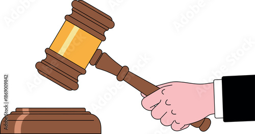 Vector illustration of a hand in a suit holding a wooden judge's gavel and sound block isolated on white background.