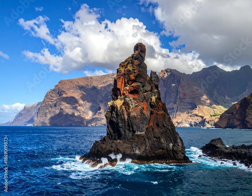 A dramatic coastal scene featuring a large rock formation rising from the turquoise ocean with mountainous terrain in the background