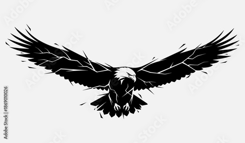 Eagle in Flight with Outstretched Wings, Soaring High, Vector Illustration, Black Silhouette, Isolated on White Background