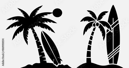 Tropical beach scene with surfboards and palm trees under a clear sky