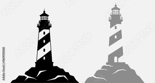 Two lighthouses standing on rocky coastlines, one in black and white illustration, viewed from the side