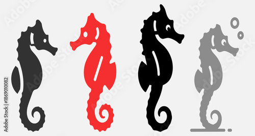 Vector illustrations of seahorses in different colors on a gray background from a straightforward viewpoint