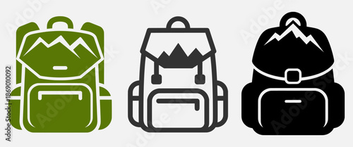 Three backpacks with mountains on a plain background