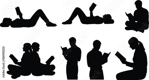 People reading books silhouette set, men and women studying relaxing lying sitting poses, education knowledge concept, black flat vector illustration isolated