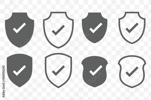Shield check icon set. Outline symbol editable.
