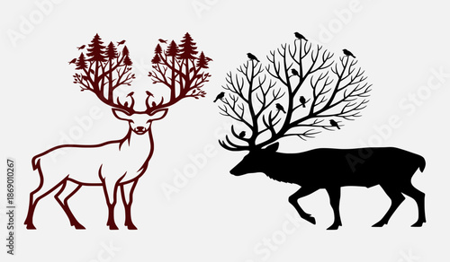 Illustration of deer with antlers depicting forest and birds in silhouette