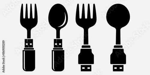 Utensils transformed into USB drives, highlighting innovation and technology in a simple, vector illustration.
