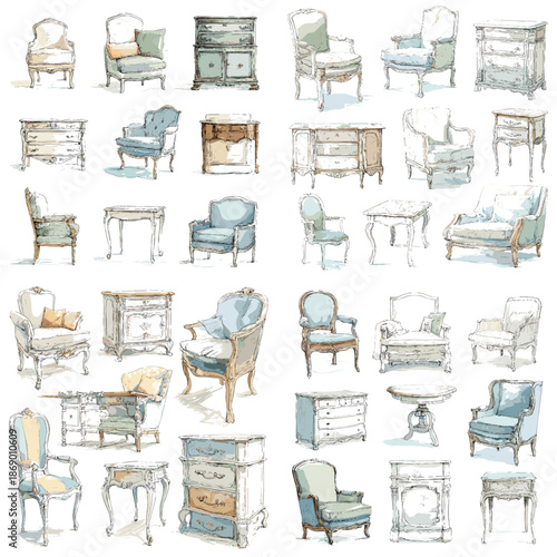 Watercolor collection of antique armchairs, tables and dressers in soft neutral shades. Classic interior furniture illustrations isolated on white background.