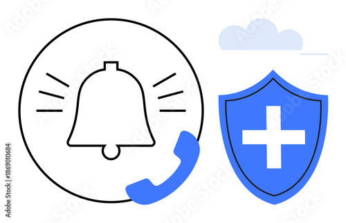 Emergency alerts, health awareness, medical assistance, protection, communication, rapid response. Bell icon with notification lines, shield with cross phone symbol. Emergency alerts and health