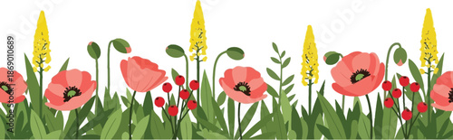 Vibrant spring floral border illustration featuring red poppies, tall yellow flowers, and lush green foliage on a clean white background.