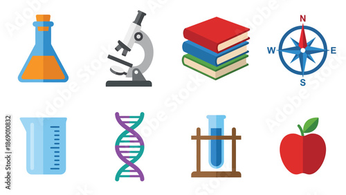 Science and Education Icons Set with Lab Equipment and Books