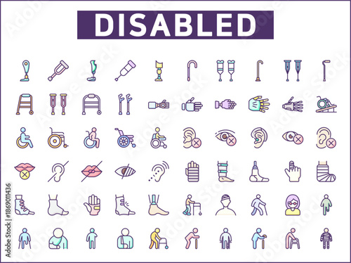 Set of Disability People Pictograms Icons. Contains such Icons as Disabled health care, medical tools, equipment stick figure, crutches, wheelchair, cane, electric wheelchair, power scooter