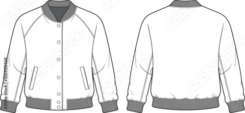 Bomber jacket front back technical flat vector illustration CAD fashion apparel template isolated white background mens outerwear design sewing details