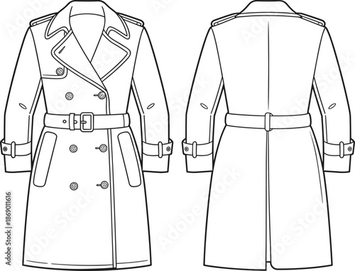 Classic women trench coat front back technical flat vector illustration, CAD fashion apparel template isolated white background outerwear