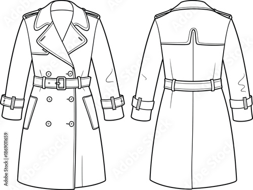 Classic women trench coat front back technical flat vector illustration, CAD fashion apparel template isolated white background outerwear design sewing