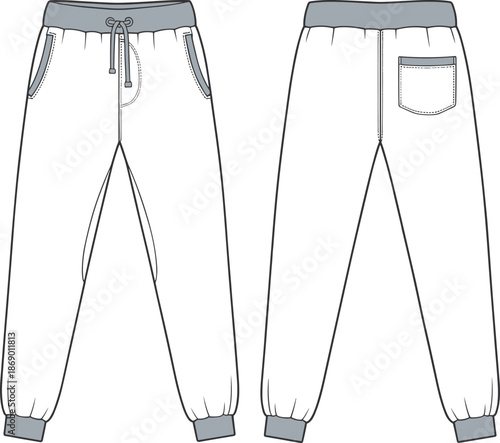 Jogger pants technical flat vector illustration, front and back view, elastic waistband, cuffed hem, drawstring pockets, fashion cad drawing design