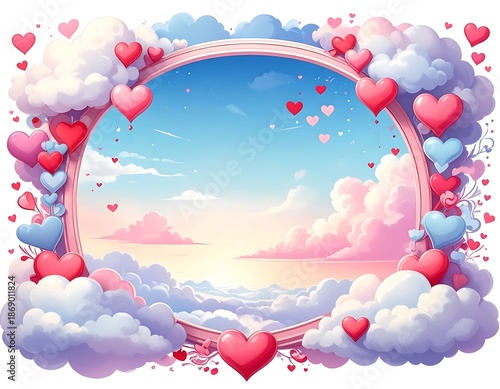 A dreamy scene features a rose-colored oval frame amidst fluffy clouds and floating hearts, set against a pastel sky