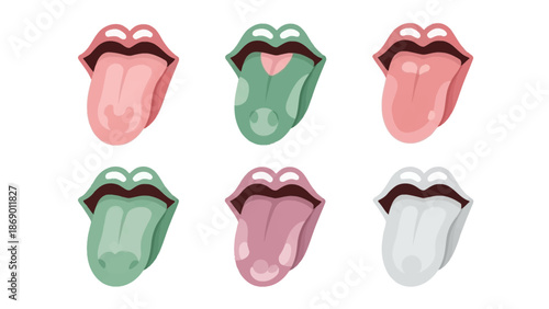 Collection of Stylized Mouths with Tongues Extended, Showcasing Diverse Colors and Hues on White