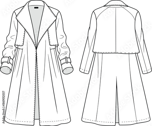 Women trench coat front back technical flat vector illustration, CAD fashion apparel template isolated white background outerwear sewing design
