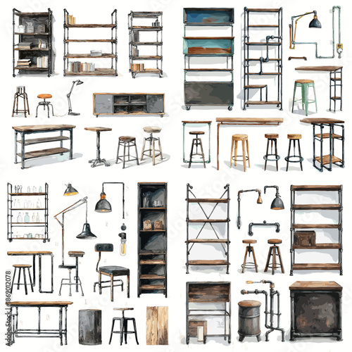 Industrial style watercolor furniture set with metal shelves, stools, lamps and cabinets. Rustic loft interior elements isolated on white background.