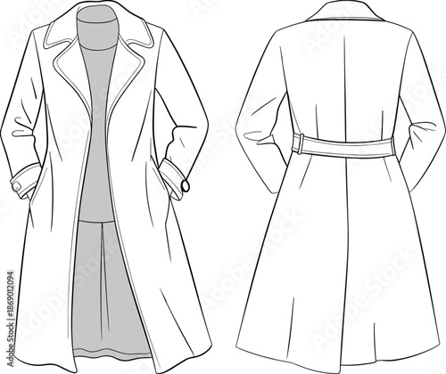 Women trench coat, front back technical flat vector illustration, CAD fashion apparel template isolated white background design sewing details outerwear