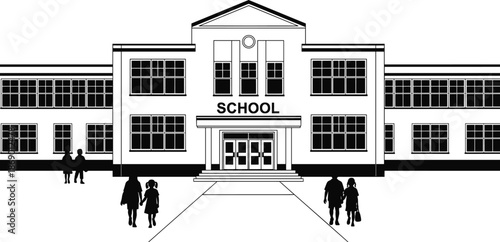 School building exterior with student silhouettes, educational architecture facade with children walking to class, black and white vector illustration, school house flat icon