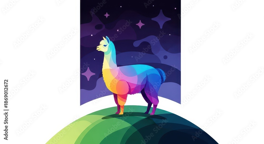 Obraz premium Stylized colorful alpaca stands atop a rolling hill against a starry night sky