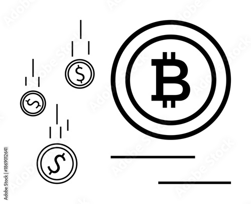 Dollar coins transitioning into Bitcoin conveying exchange, blockchain, and digital finance concepts. Ideal for cryptocurrency, investments, fintech, global economy, innovation, decentralization