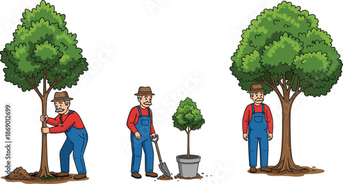 Senior Gardener Planting Trees and Potted Saplings with Shovel Vector Illustration Set for Environmental Conservation Reforestation and Eco Friendly Gardening Projects