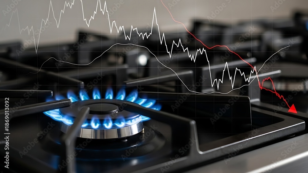 Fototapeta premium Gas stove with blue flame and declining stock market graph overlay