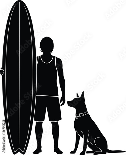 Surfer with dog silhouette, beach lifestyle vector, surfboard pose, summer outdoor scene, pet companion, black graphic, casual beachwear, coastal vibe