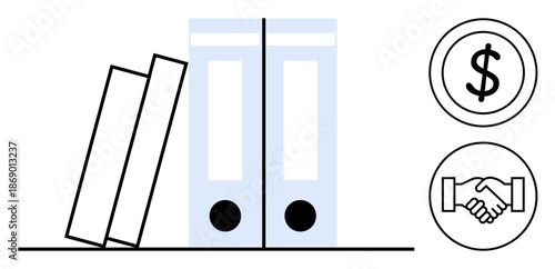 Finance concept. Finance ed with document files, dollar sign, and handshake icons. Finance organization and collaboration . Great for accounting, economics, business strategy, corporate